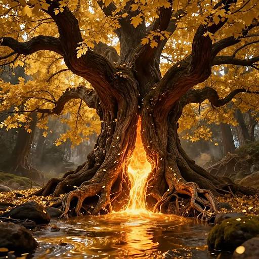 Photorealistic digital artwork of a magical tree with glowing yellow leaves, fiery trunk, and bright orange flames emerging from roots into a reflective, glowing water