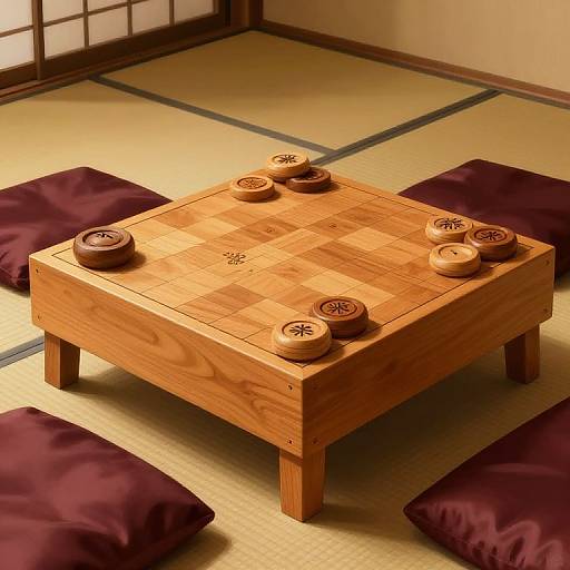 Photograph of a wooden Go board with six circular stones, set on a tatami mat floor with four purple cushions.