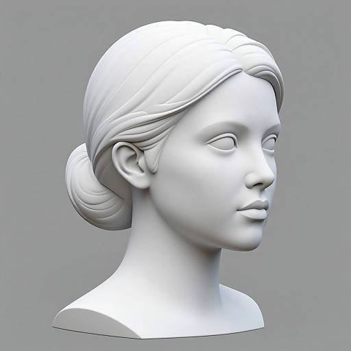 White, smooth, 3D sculpted bust of a woman with realistic features, styled bun, and calm expression, set against a plain gray background