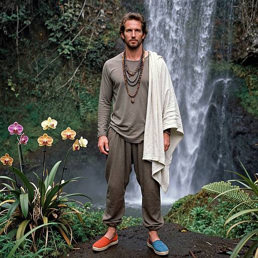 Photograph of a bearded man with wavy hair, wearing a gray long-sleeve shirt, brown pants, colorful socks, and layered neck