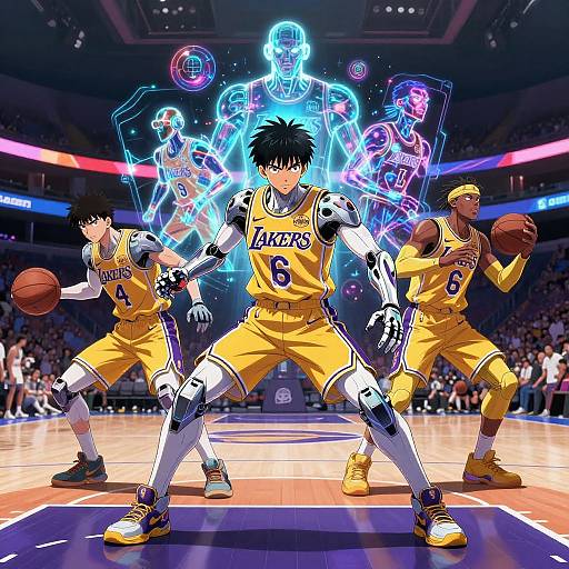 Digital anime-style basketball image showing four players in yellow Lakers jerseys, surrounded by neon blue holographic basketball figures, on a brightly lit court.