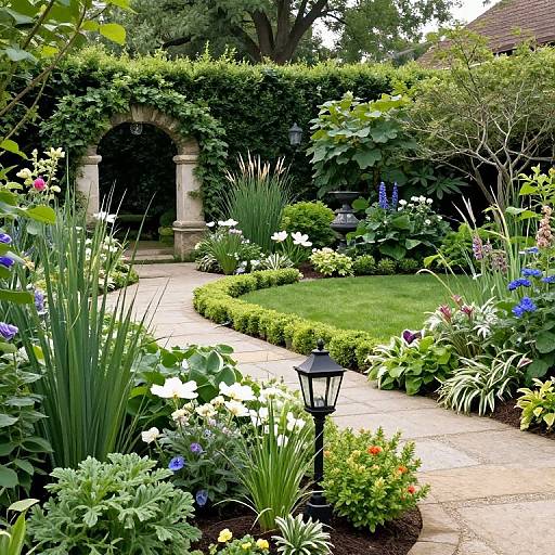 Photograph of a lush, colorful garden with a stone archway, manicured green lawn, vibrant flowerbeds, and a black lantern path.