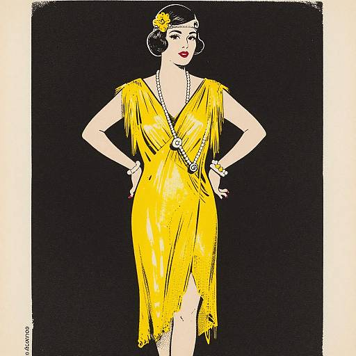 Vintage-style digital illustration of a woman in a fringed, yellow, V-neck dress with pearl necklace, flower in hair, black background.