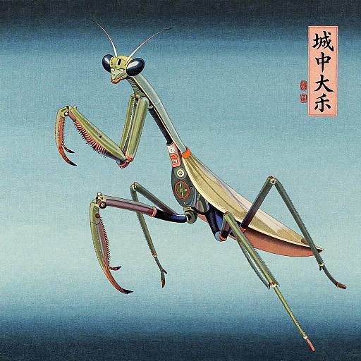 Ukiyo-e Clockwork Mantis General at Twilight