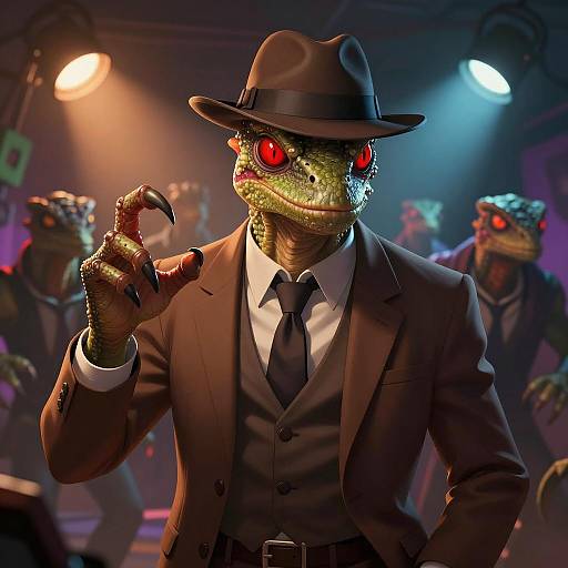Reptilian Creature in Suit and Fedora