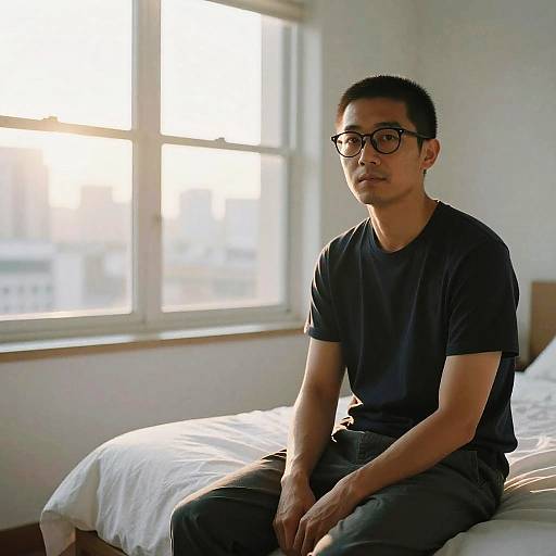 Photograph of an Asian man with short black hair, glasses, and black t-shirt, sitting on a bed in a sunlit, white-walled