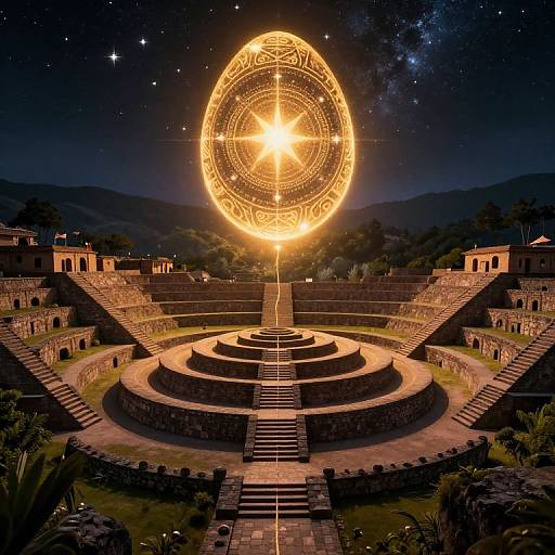 Photograph of an ancient Mayan pyramid under a starry night sky, with a glowing, circular, celestial pattern above. Illuminated steps lead to