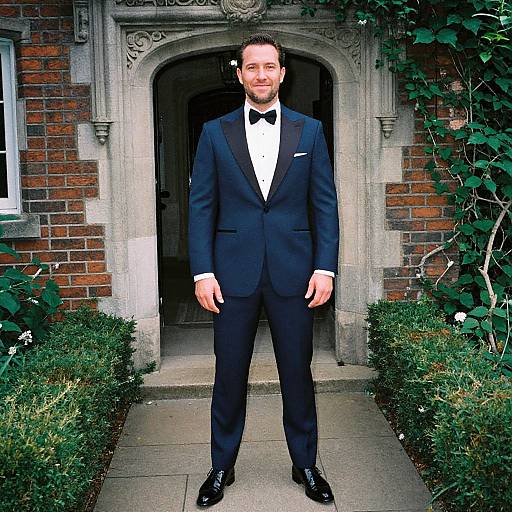 Photograph of a tall, handsome man with short dark hair and beard, in a black tuxedo with bow tie, standing in front of a