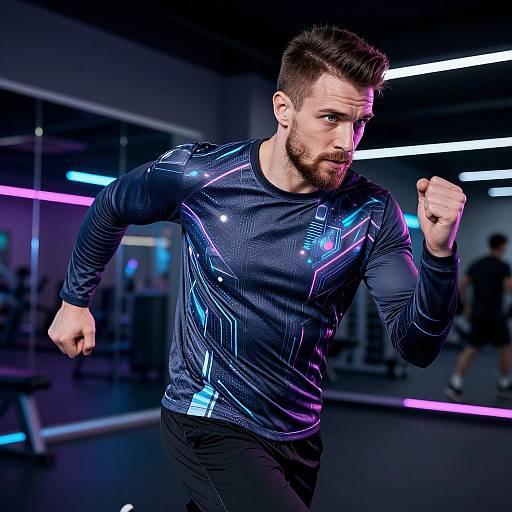 Photograph of a muscular, bearded man with short brown hair, wearing a neon blue and purple patterned long-sleeve shirt, punching in