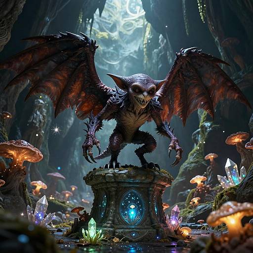 Digital fantasy artwork of a ferocious, bat-winged, snarling demon standing on a glowing crystal pedestal in a dark, enchanted forest with glowing