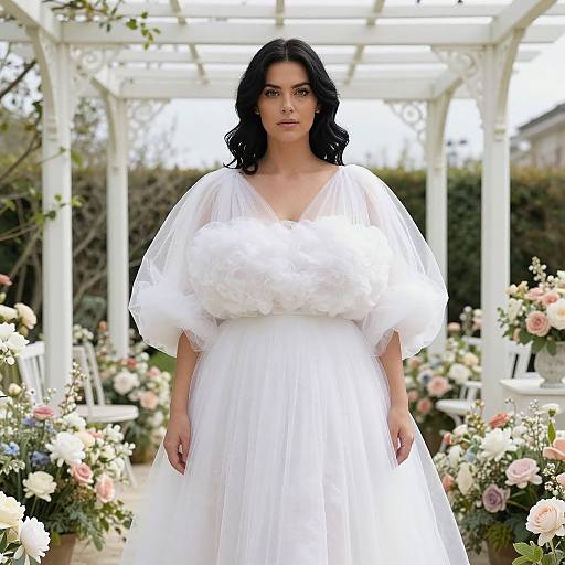 Photograph of a curvy woman with dark wavy hair, wearing a white, puffed-sleeve, V-neck dress, standing in a