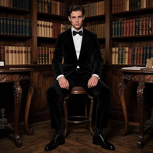 Photograph of a handsome young man in a black tuxedo, sitting on a wooden stool in a library with dark wooden bookshelves and orn