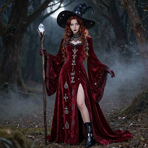 Photograph of a red-haired witch in a dark red, rune-embroidered dress with a thigh-high slit, holding a glowing staff, in