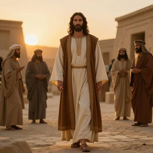 Photograph of Jesus with long dark hair and beard, in white robe and brown vest, walking in ancient courtyard at sunset, surrounded by bearded men