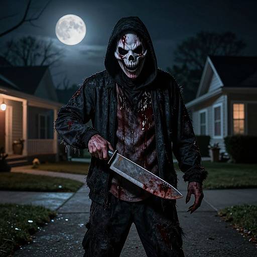 Photograph of a hooded, blood-stained figure with a skull mask holding a bloody knife under a full moon in a suburban neighborhood.