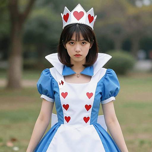 Young Asian woman in blue and white Alice in Wonderland costume with red heart accents, white crown with red hearts, standing in a blurred park background. Photograph
