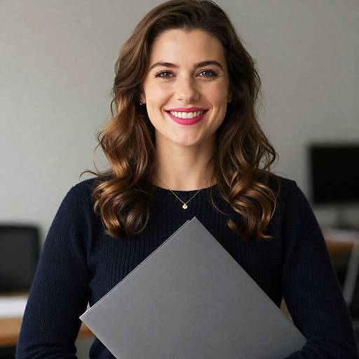 Smiling Woman Holding Gray Folder