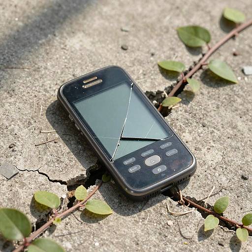 Cracked black smartphone with shattered screen, lying on rough, cracked concrete, surrounded by small green leaves growing through a thin vine.
