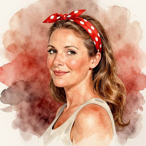 Watercolor-style portrait of a smiling woman with light brown hair, red polka-dot headband, and white tank top, against a red and pink