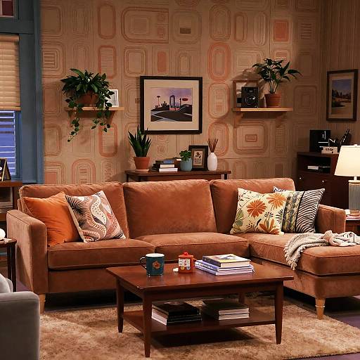 Photograph of a cozy, retro-styled living room with brown suede sofa, orange and floral pillows, wooden coffee table, patterned wallpaper, p