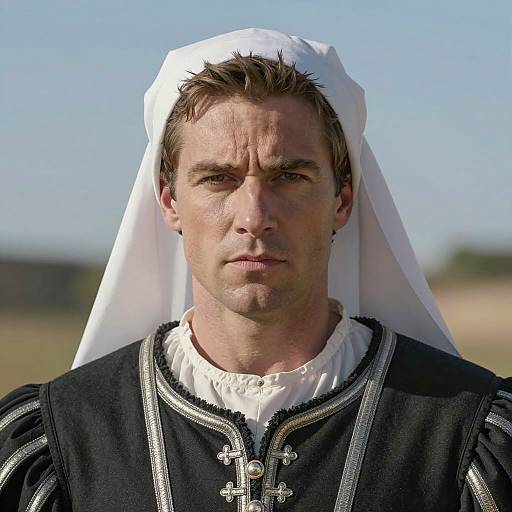 Medieval Man in Black Costume with White Coif