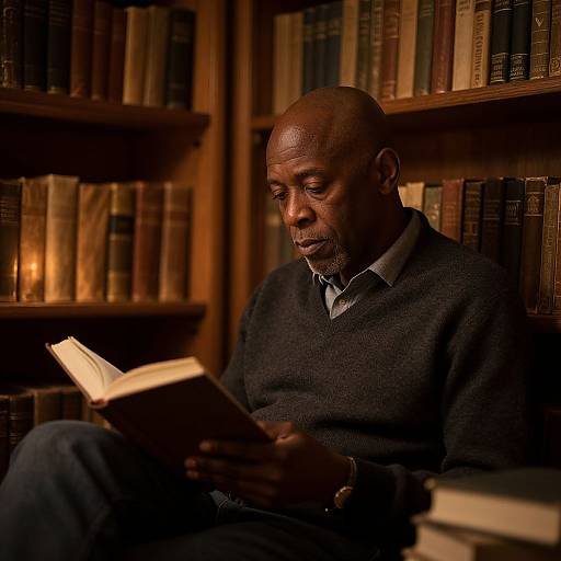 Elderly Man Reading in Cozy Library