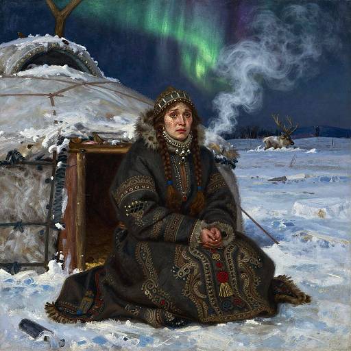 Siberian Shamaness Beneath Northern Lights