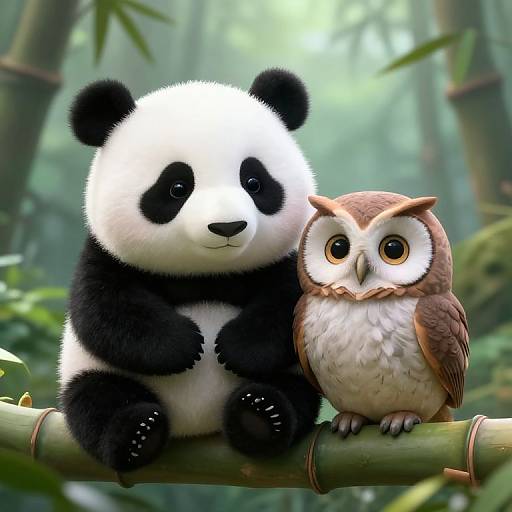 Digital illustration of a cute, fluffy panda and owl sitting on a bamboo branch in a lush, green forest. Both animals have large, expressive eyes and