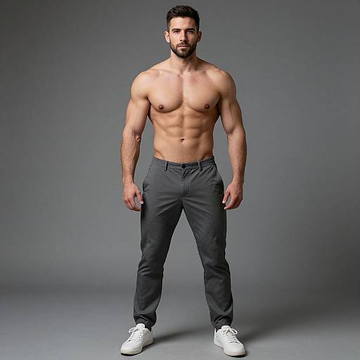 Photograph of a muscular, shirtless man with dark hair and beard, wearing black pants and white sneakers, standing against a gray background.