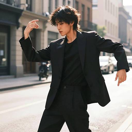 Photograph of a young Asian man in a black suit, with tousled hair, striking a dynamic pose on a sunlit urban street.