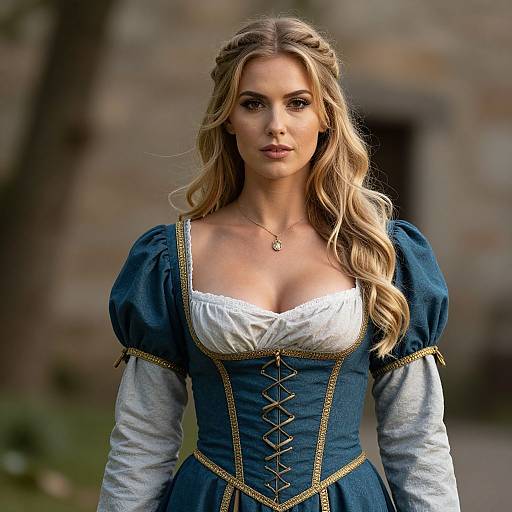 Photograph of a blonde woman with wavy hair, wearing a blue medieval-style dress with white blouse and gold lace, standing outdoors in front of a