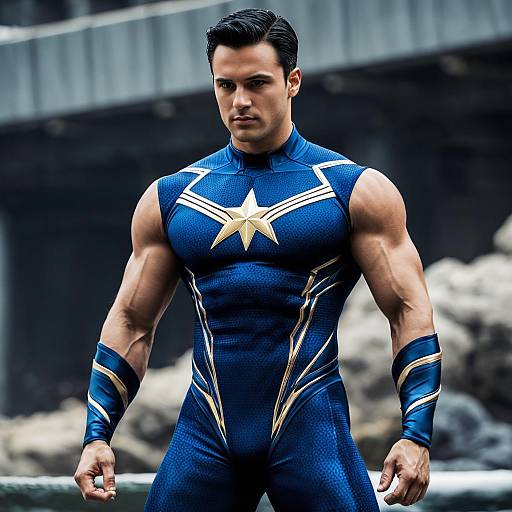Muscular Male Superhero in Blue Bodysuit