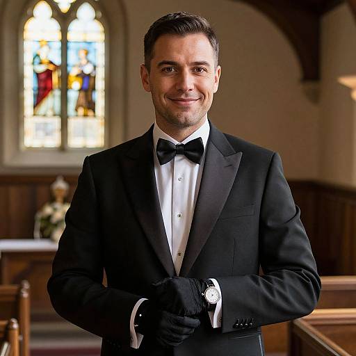 Photograph of a smiling, dark-haired man in a black tuxedo with bow tie, black gloves, and white shirt, standing in a dim