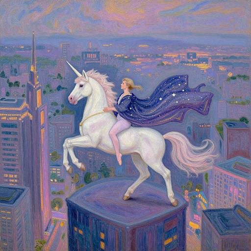 Digital painting of a blonde woman in a sparkling blue cape riding a white unicorn atop a skyscraper, overlooking a vibrant, colorful cityscape at sunset.