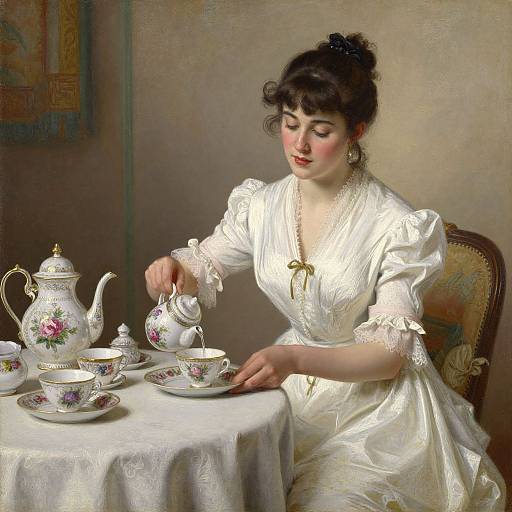 Victorian-style painting of a pale-skinned woman with dark hair in an elegant white dress, serving tea from a floral-patterned set.