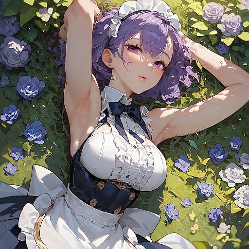 Anime-style digital illustration of a purple-haired maid with large breasts, lying in a field of blue and white roses, arms above head, sunlight filtering through