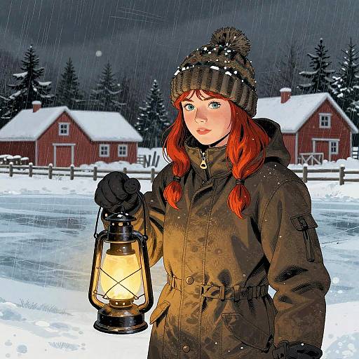 Teenage Ice-Fisherwoman Holding Lantern in Snowy Farm