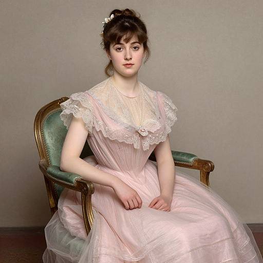 Photograph of a young white woman with fair skin and brown hair in an updo, wearing a pink Victorian dress with lace trim, seated on an