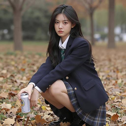 Asian Woman in School Uniform Squatting on Autumn Leaves