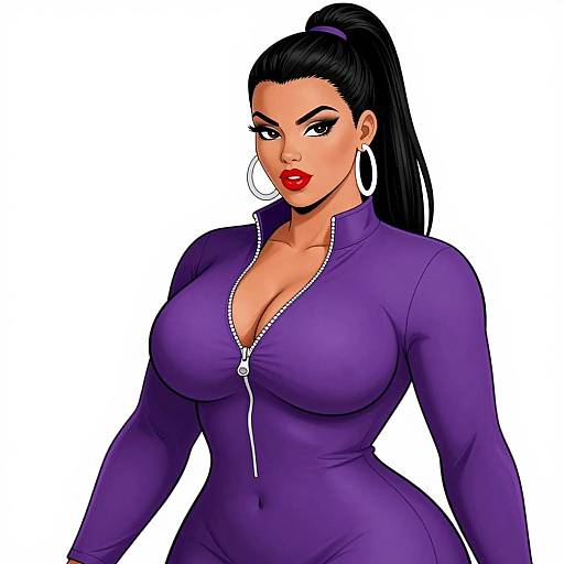 Digital illustration of a curvy woman with large breasts, dark hair in a high ponytail, red lipstick, wearing a tight purple zip-up jumpsuit
