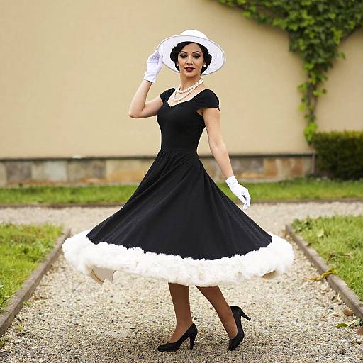 Photograph of a woman in a black vintage dress with white fur trim, white gloves, white hat, black heels, standing on a gravel path,