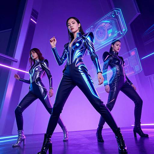 Photograph of three women in shiny black latex suits, standing in a dynamic pose on a purple-lit stage with neon accents.