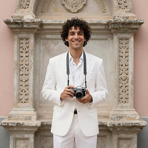 Smiling Photographer in White Suit by Carvings