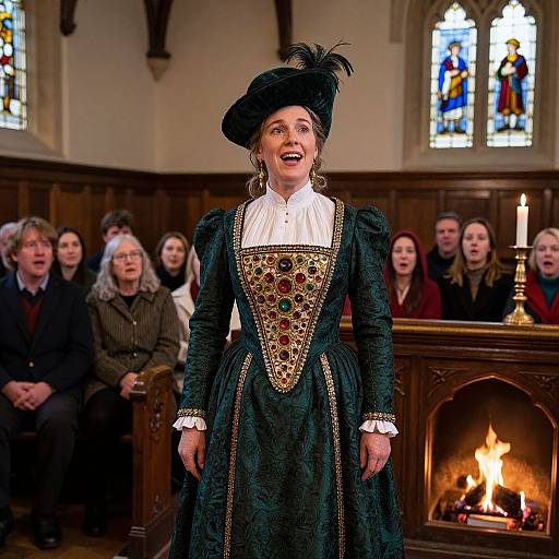 Photograph of a woman in an elaborate Renaissance-style black velvet dress with intricate gold embroidery and feathered hat, smiling in a wooden-paneled church with