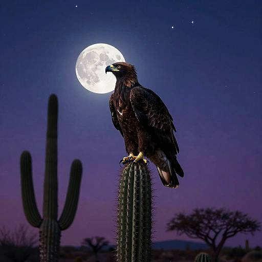 Eagle on Cactus Under Starry Night