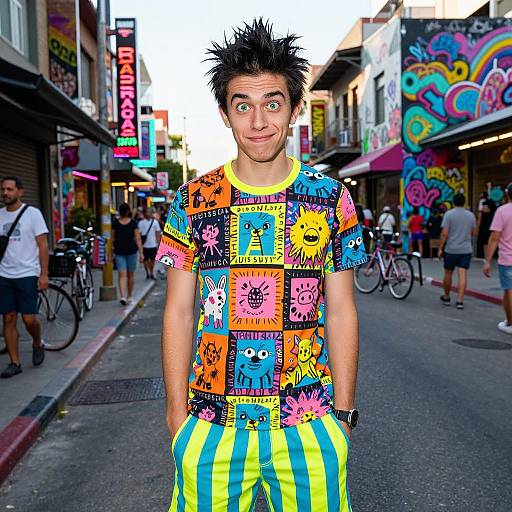 Photograph of a man with spiked black hair, wearing a colorful, graphic t-shirt and yellow-blue striped pants, standing on a vibrant, graffiti-filled