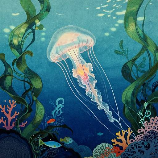 Vibrant underwater scene: jellyfish with glowing orange center, surrounded by swirling seaweed, colorful corals, and small fish, in a deep