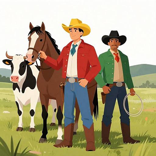 Cowboys and Cattle in a Scenic Field