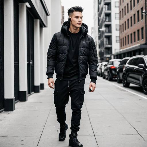 Young Man in Black Urban Outfit Walking on City Street