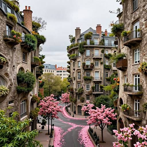 Photograph of a narrow, winding Parisian street flanked by stone buildings with balconies, vibrant pink cherry blossom trees lining the path.